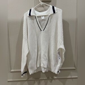 NWT Xersion White Crochet V-Neck Collared preppy Tennis Sweater Size XL